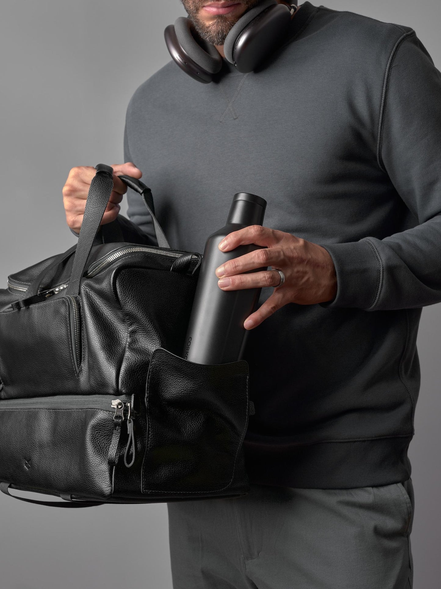 Black Full-Grain Leather Sport Bag | Gym Carryall